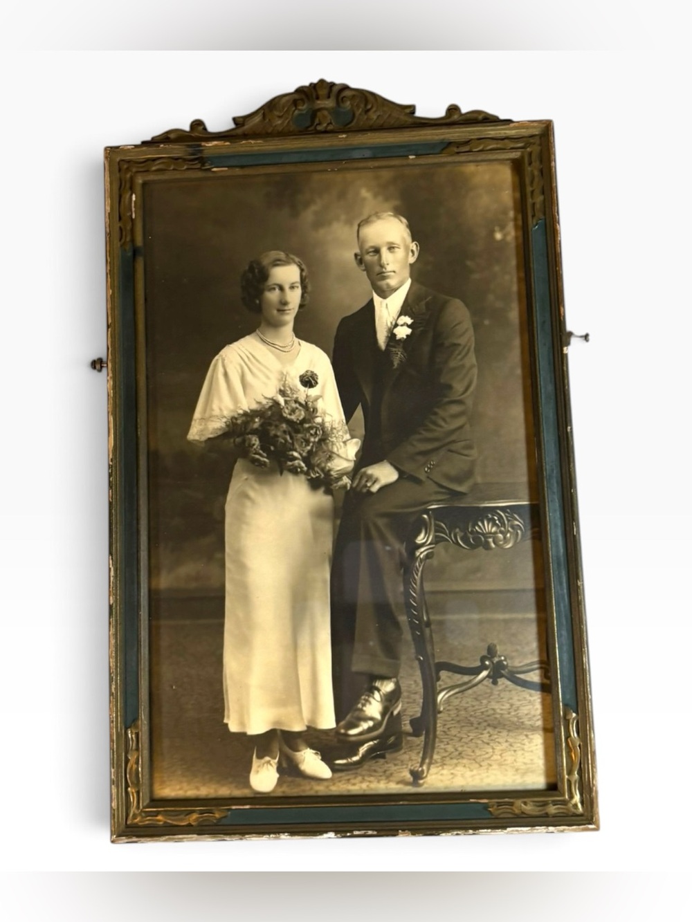 Antique 1920s 1930s Art Deco Wood Gilt Frame Wedding Portrait Photo 8x13 Gesso